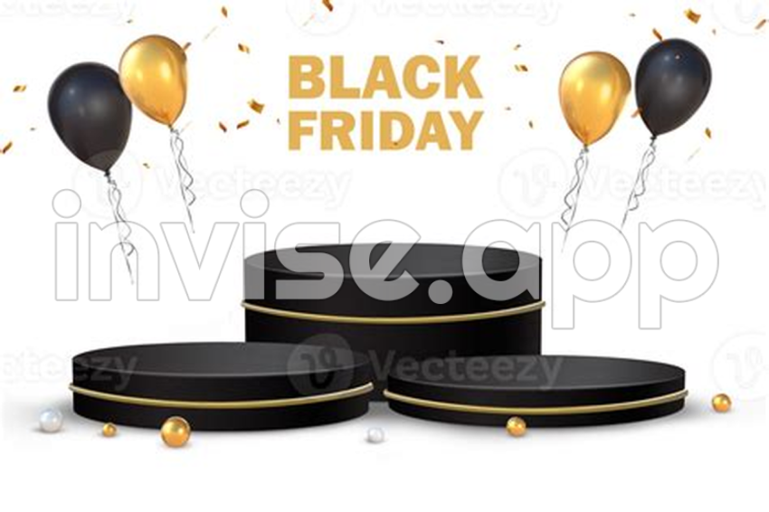 3D Rendering Black Friday Podium Stage For Product Placement With Black - Black And Blue Balloons