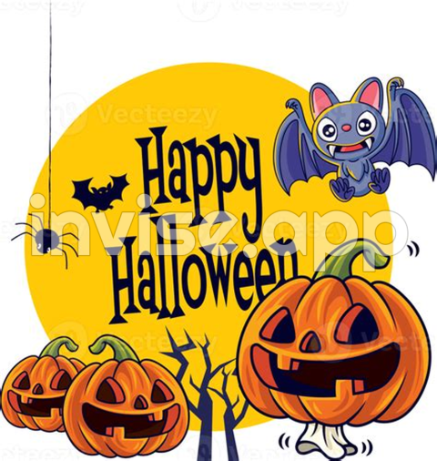 Promo Halloween+ - Happy Halloween Cartoon Cute Jack O Lantern Orange Pumpkin And Bat