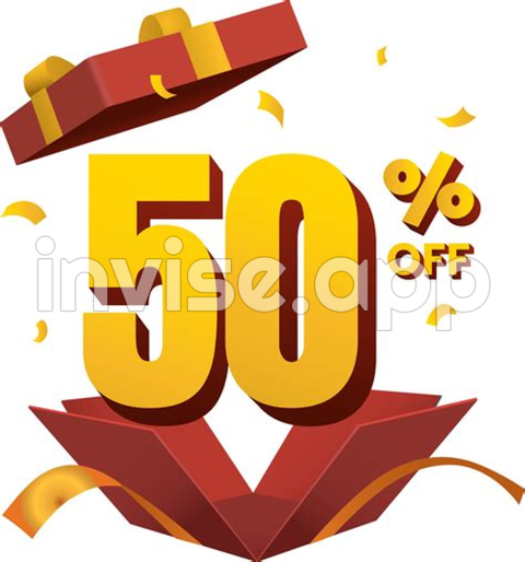 Promo 50 - Discount 50 Percent Off In Surprise Opened Red Gift Box Golden Ribbon 3D Style 11654493