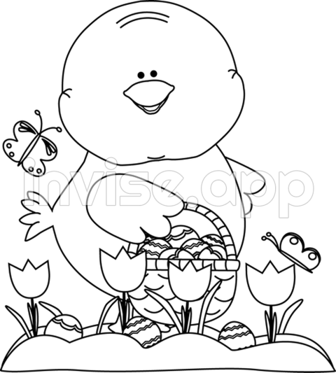 Black And White Chick On An Easter Egg Hunt Clip Art Black And White - Easter Egg Hunt Black And White