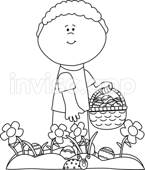 Black And White Little Boy On An Easter Egg Hunt Clip Art Black And - Easter Egg Hunt Black And White