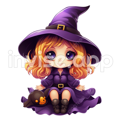 Happy Halloween Witch - Happy Halloween Cute Witch With Purple Dress Vector Illustration, Witch Broom, Witch, Halloween