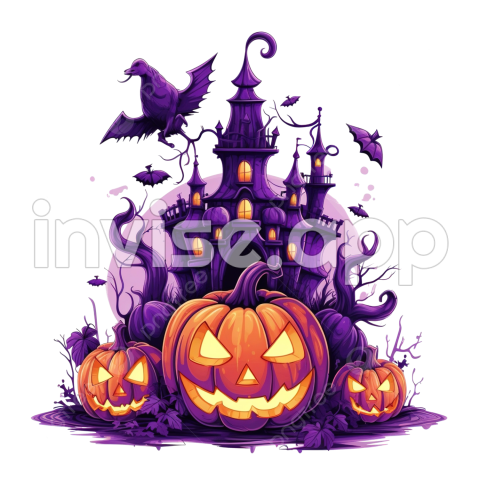 Happy Halloween, Horizontal Purple Greeting Postcard With Fun Pumpklin Jack, Pumpkin Face - Happy Halloween Blue