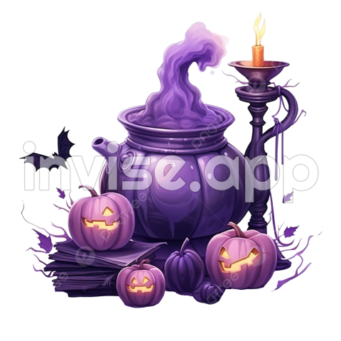 Happy Halloween Purple - Happy Halloween, Purple Greeting Square Postcard With Witch^S Cauldron And Pumpkin Jack