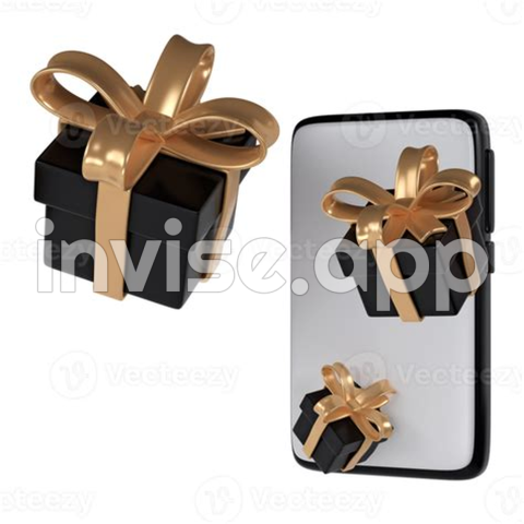 Black Friday Gift - 3D Black Friday Gift Boxes Icon With Golden Ribbon Bow From Smartphone