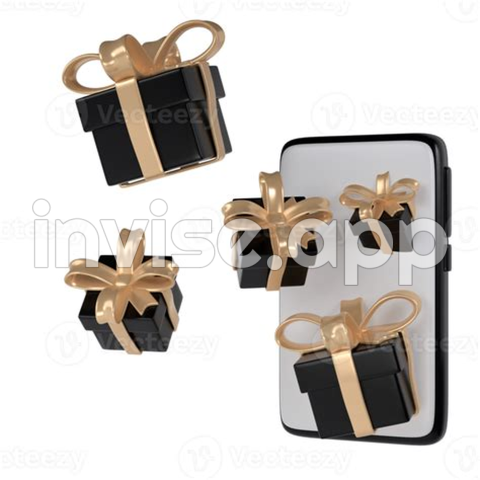 3D Black Friday Gift Boxes Icon With Golden Ribbon Bow From Smartphone - Black Friday Clothes