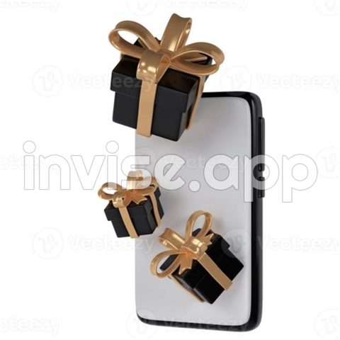 Black Friday Gift - 3D Black Friday Gift Boxes Icon With Golden Ribbon Bow From Smartphone