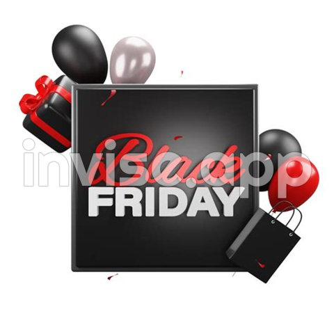 Black Friday Font - 3D Black Friday Font On Square Frame With Glossy Balloons, Gift Box And