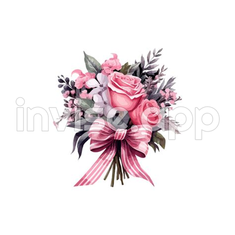 Illustration Watercolor Pink Rose Bouquet With Black And Pink Ribbon - Black Rose Bouquet